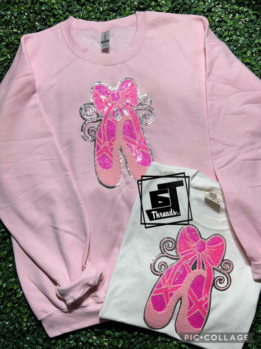 pink ballet shoes iron on patch pink sweatshirt white shirt