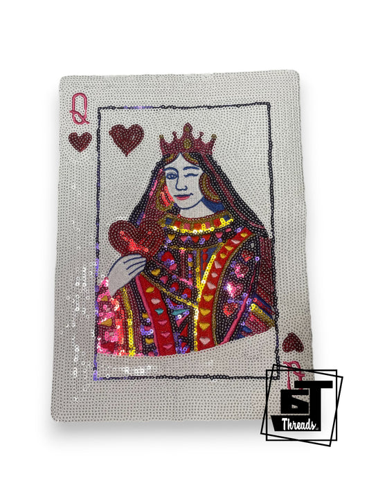 Measurements: 10 inches tall by 7 inches wide
Sequin heart card queen patch with pink embroidery and white sequin background.
Iron-on Patch
