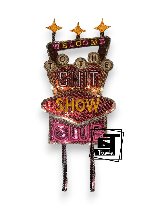 Measurements: 10 inches tall by 4.5 inches wide
Sequin Shit Show Club Billboards patch with pink and yellow embroidery.
Iron-on Patch