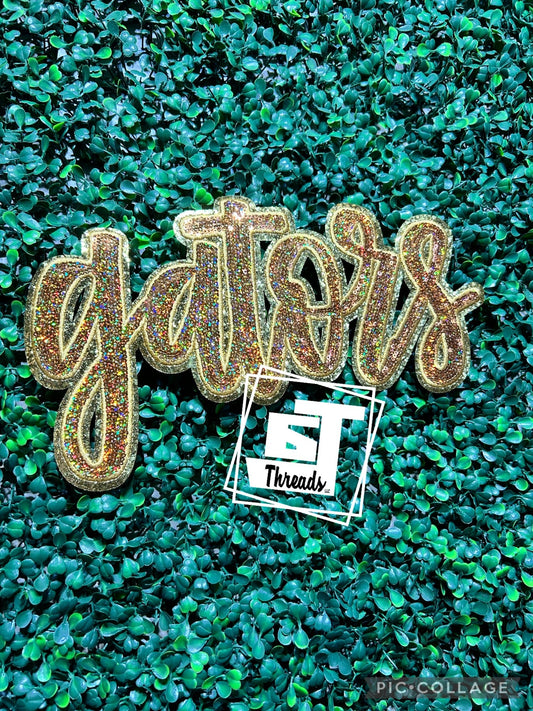 gold cursive sequin gators iron on patch