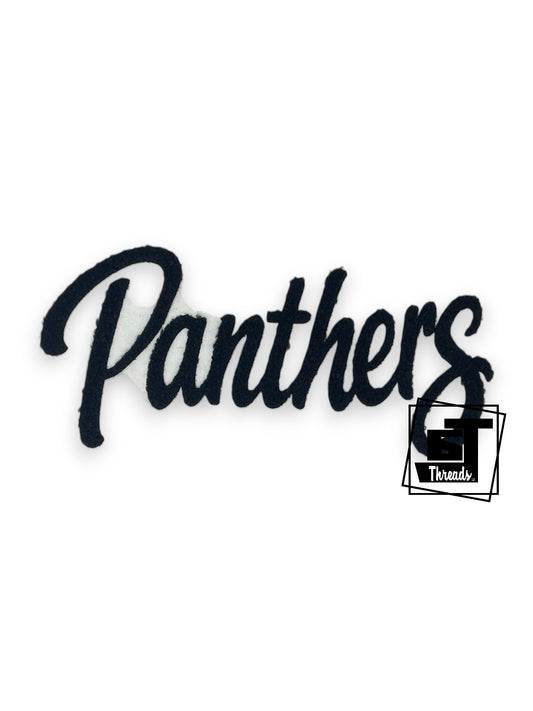 Measurements: 12 inches wide by 6 inches tall
Black Cursive Fluffy Fabric Panthers Patch
Iron-on Patch