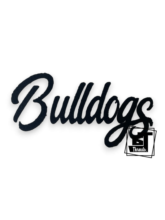 Measurements: 12 inches wide by 6 inches tall
Black Cursive Fluffy Fabric Bulldogs Patch
Iron-On Patch