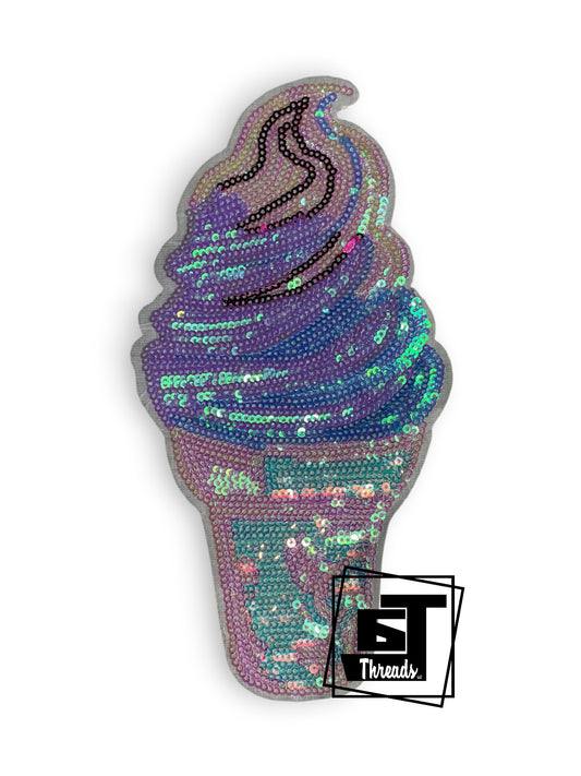 Measurements 5 inches wide by 8 inches tall
Sequin multi-colored ice cream with white background
Iron-on patch