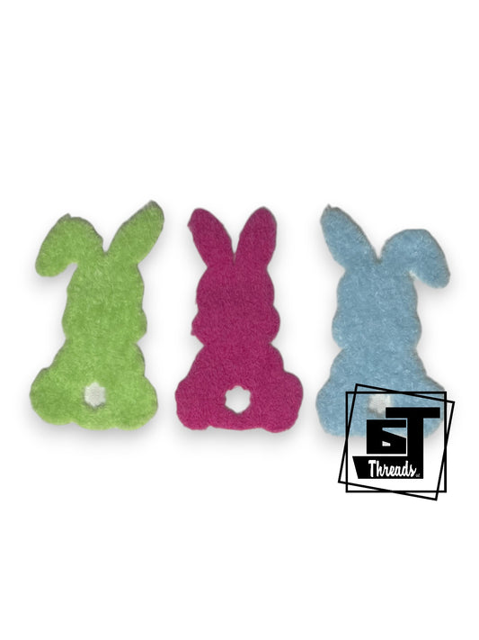 Measurements 11.5 inches wide by 6 inches tall
Fuzzy green, blue, and pink bunnies patch
Iron-on Patchc