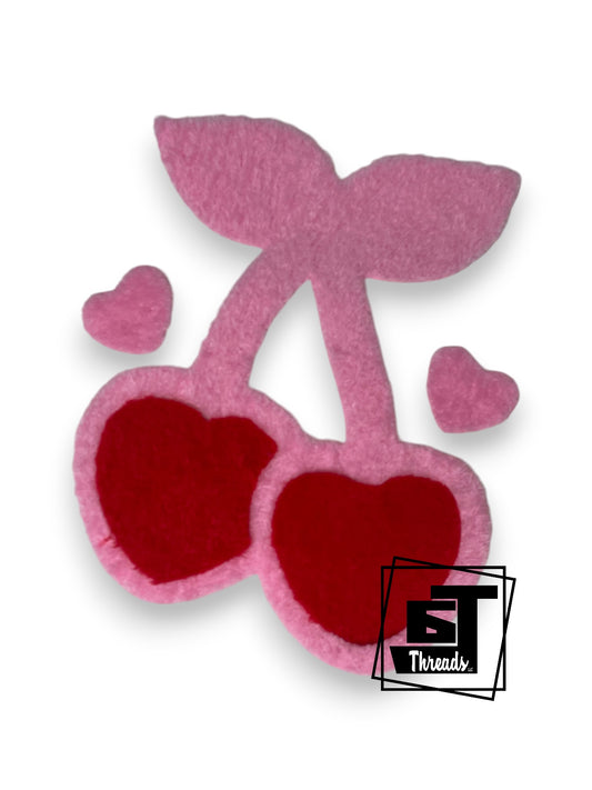 Measurements 9 inches wide by 10 inches tall
Fuzzy pink and red cherries with hearts
Iron-on Patch