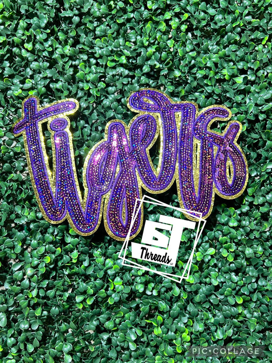 purple and gold cursive sequin tigers iron on patch