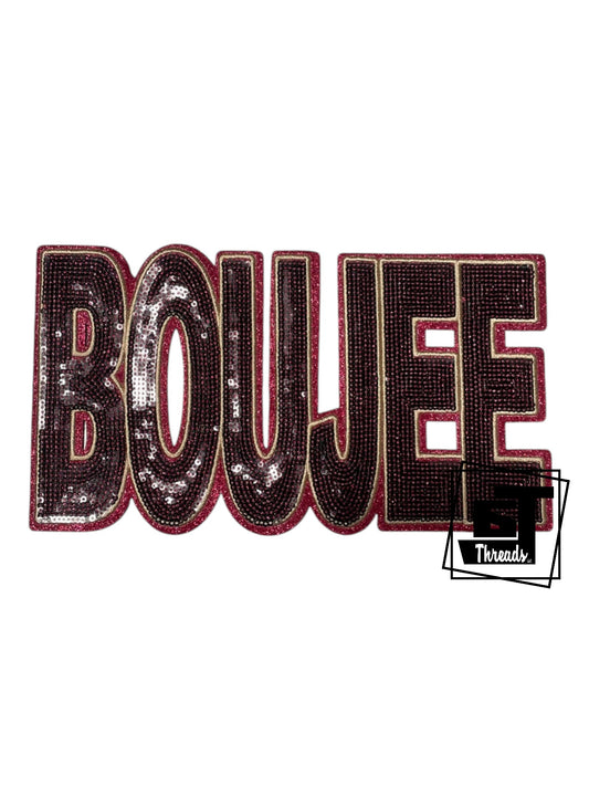 Measurements: 9.5 inches wide by 5 inches tall&nbsp;
Red block sequin boujee with beige embroidery and a dark pink glitter background
Iron-on Patch
