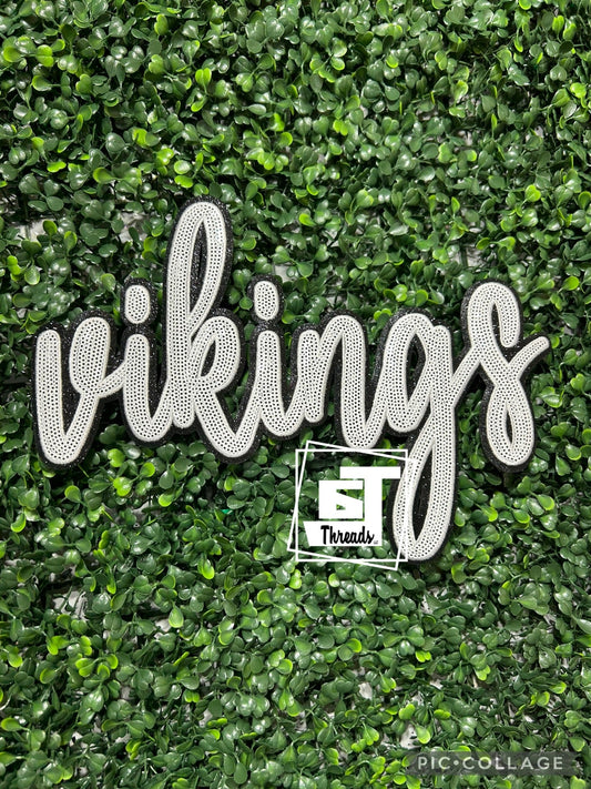 White Cursive Sequin Vikings iron on patch