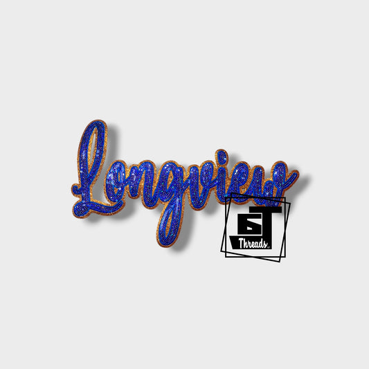 Blue Cursive Sequin Longview iron on patch 