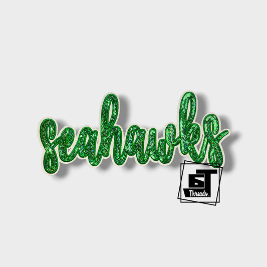 Green Cursive Sequin Seahawks iron on patch