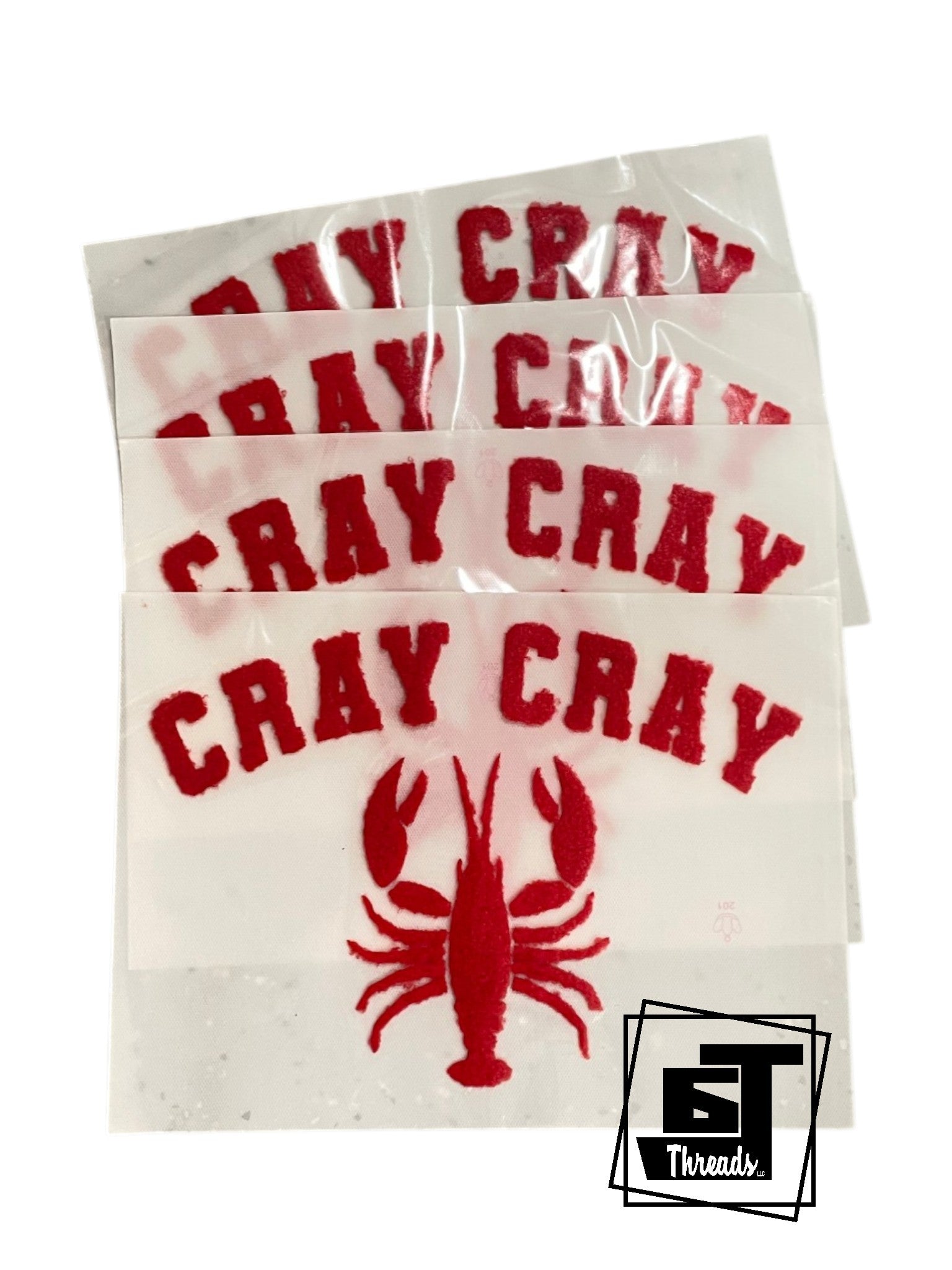 Three white stickers with red 'Cray Cray' text and a lobster graphic, on a white background.