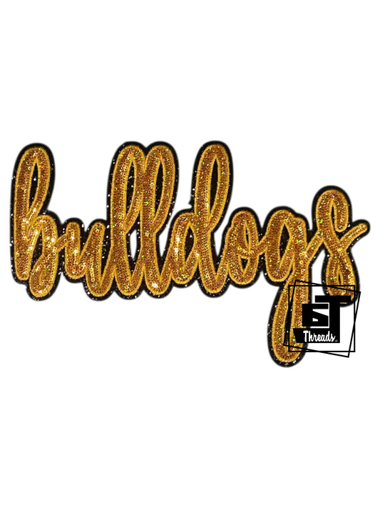 Gold glittery 'bulldogs' text with a logo on a white background