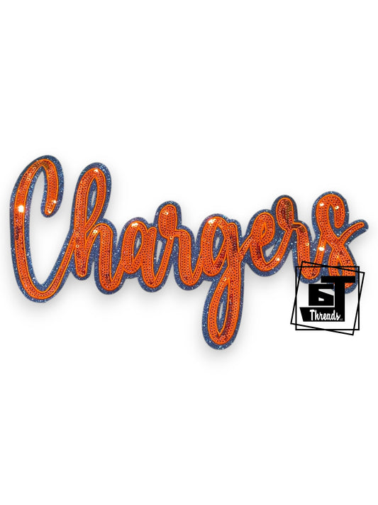 Text 'Chargers' in orange with blue outline on a white background, featuring a logo in the corner.