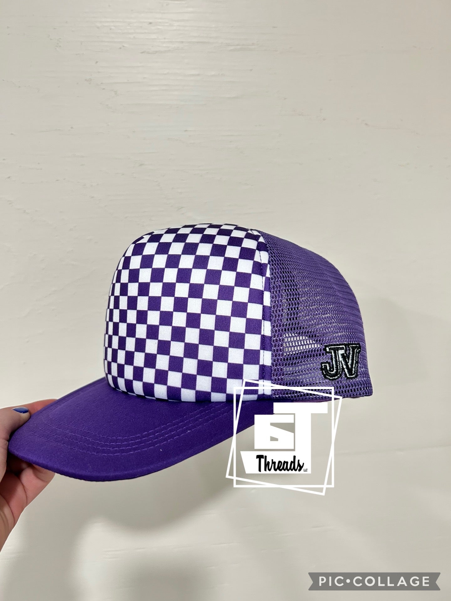 Purple checkered cap from side 