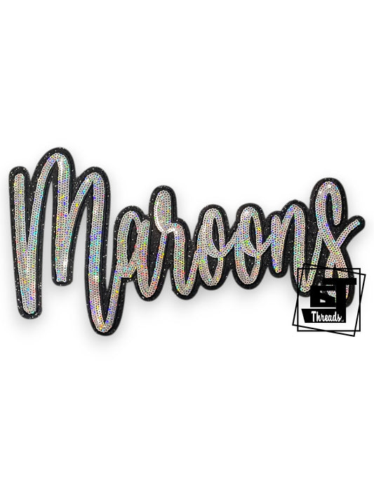 Holographic 'Maroons' text patch with a brand logo on a white background