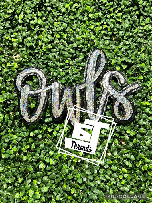 silver cursive sequin owls iron on patch
