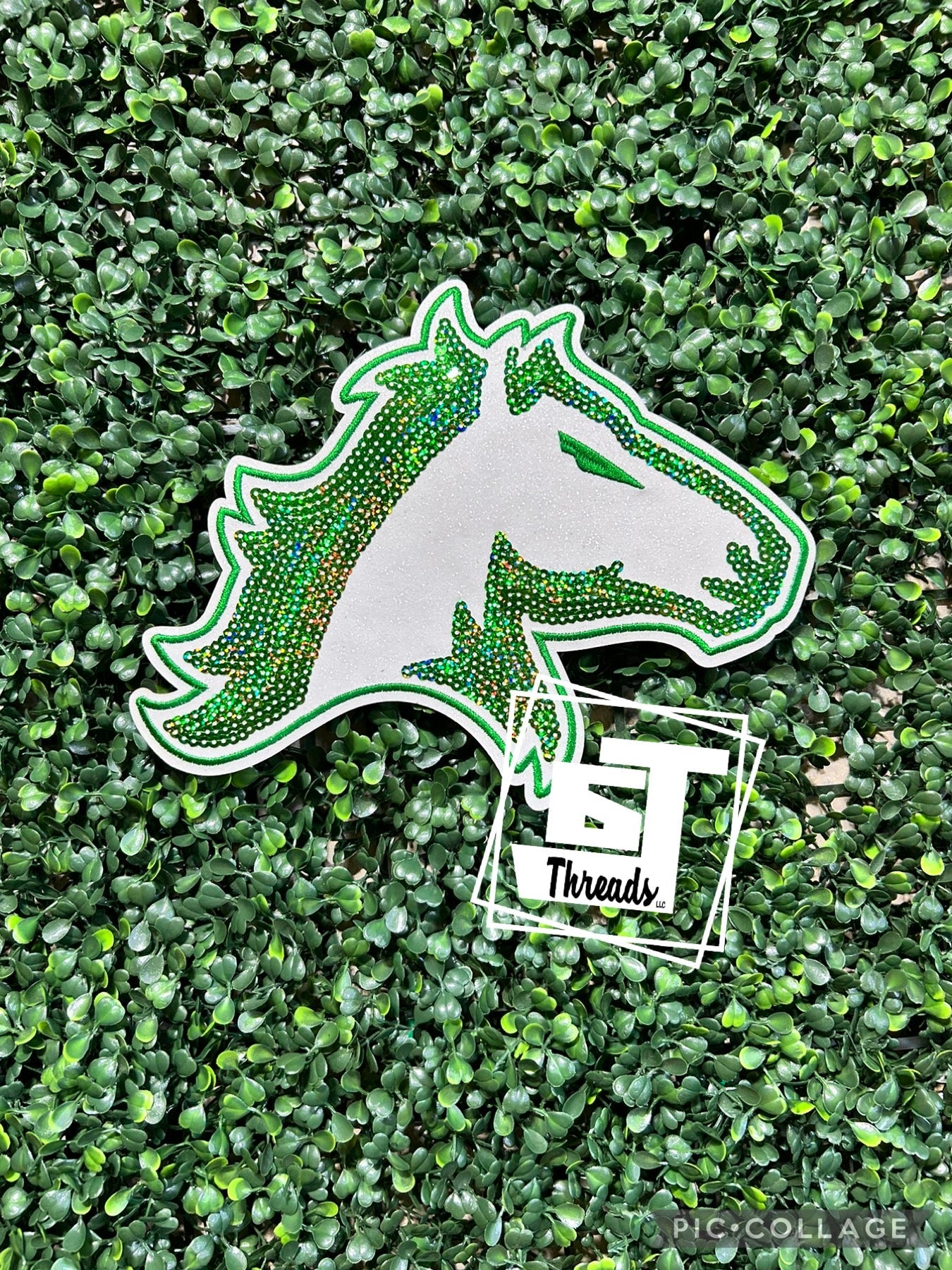 green and white mustang head iron on patch