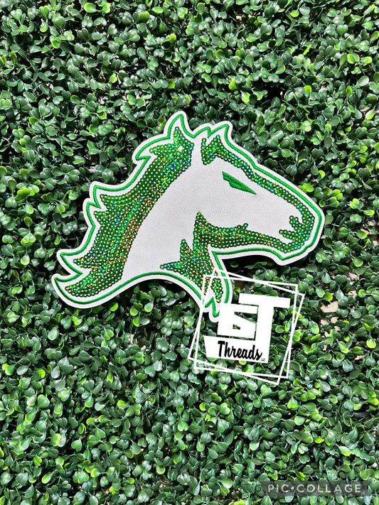 green and white mustang head iron on patch