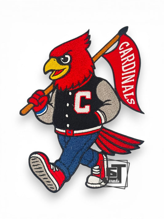 red chenille cardinal with flag