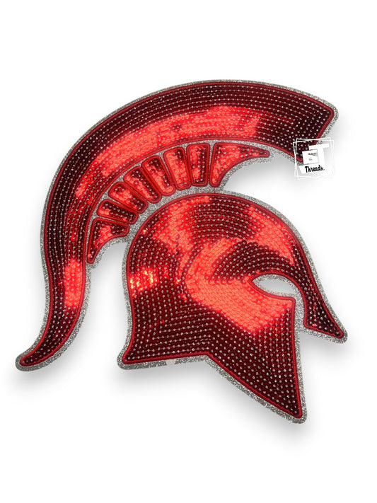 Red Sequin Spartan Head iron on patch
