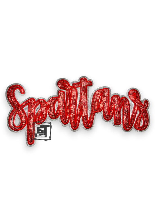 Red Cursive Sequin Spartans iron on patch