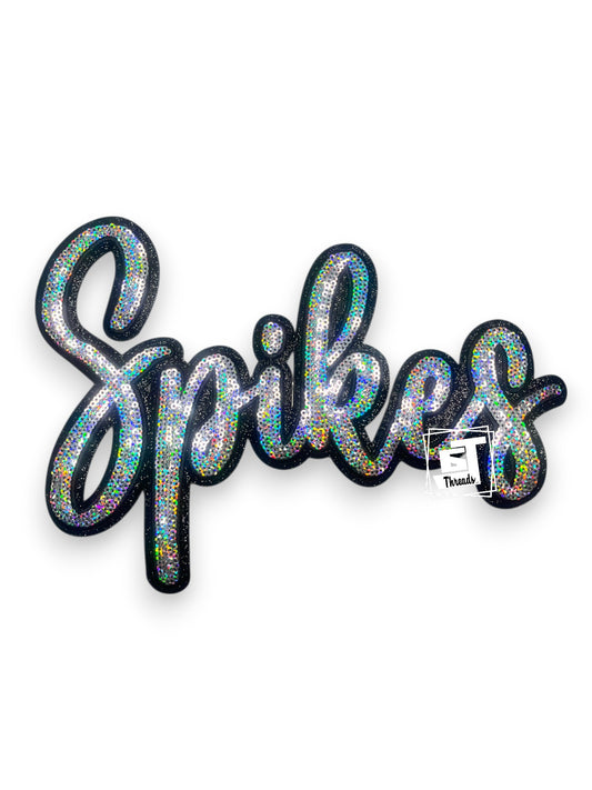 Silver Cursive Sequin Spikes iron on patch