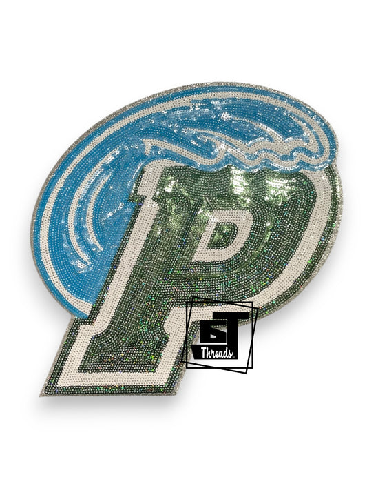 sequin p with wave patch with blue and green colors and an additional with detail sequin