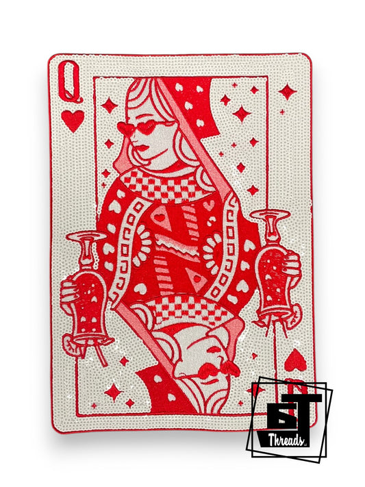Queen of Hearts playing card with red design on a white background