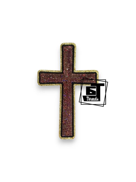 Cross-shaped decorative item with gold trim on a white background, featuring the brand '6T Threads'.