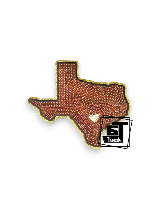 Texas-shaped decorative item with rhinestones on a white background, featuring 'ET Threads' logo.