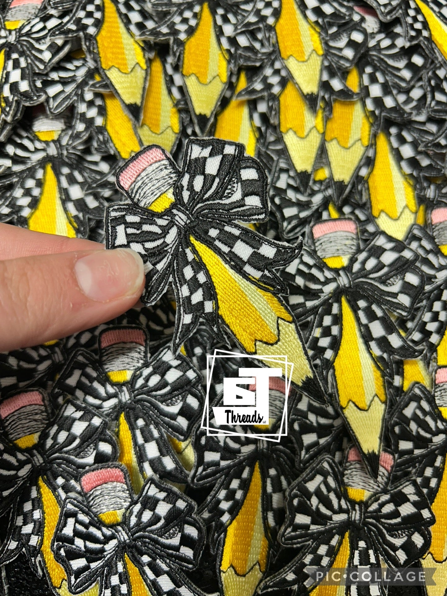 Checkered bow pencil cap patch