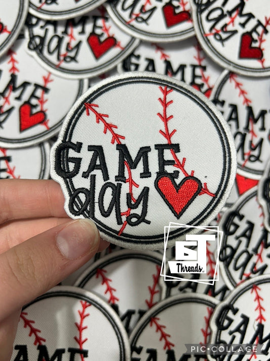 Baseball with game day and red heart cap patch
