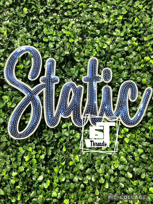 Blue cursive sequence static iron on patch