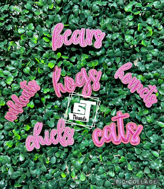 pink cursive mascot team names cap patches
