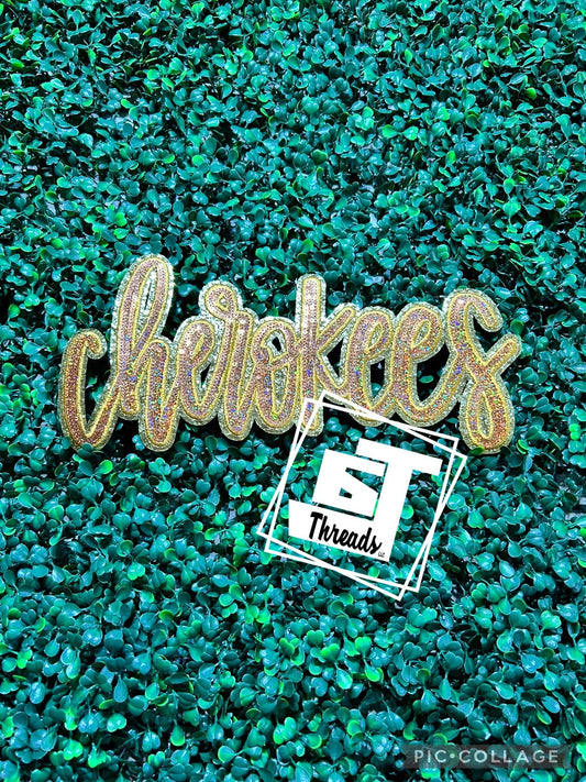 Gold Cursive Sequin Cherokees iron on patch