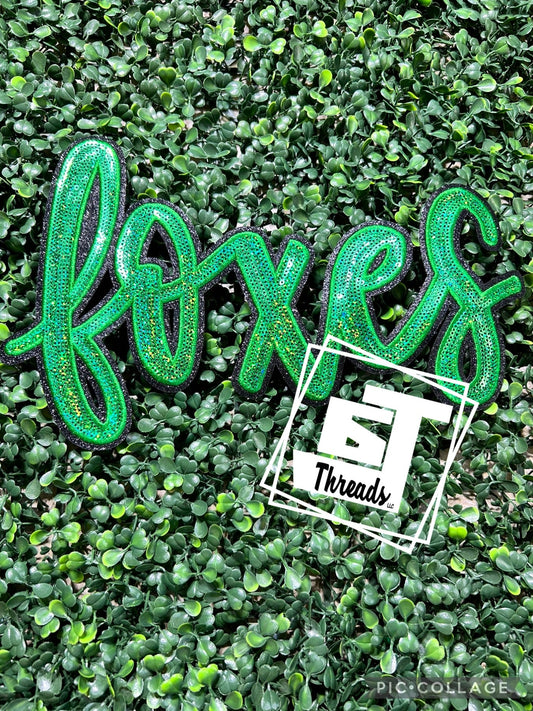 Green Cursive Sequin Foxes iron on patch