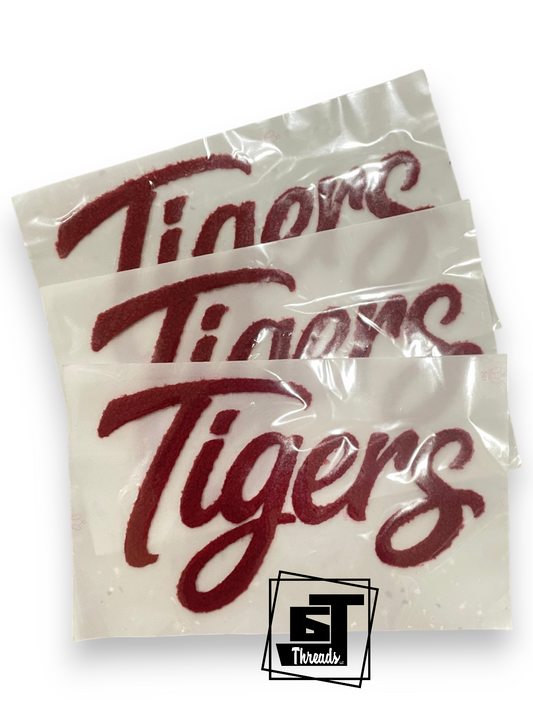 Maroon Fuzzy Cursive Tigers Word...Patches Only