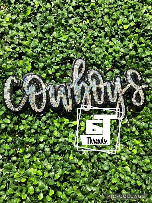 silver Cursive Sequin Cowboys iron on patch