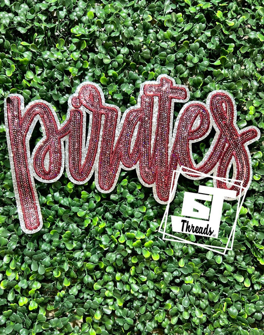 Maroon Cursive Sequin Pirates iron on patch