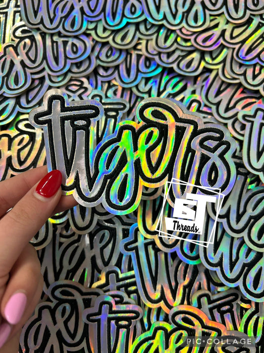 Silver metallic cursive, tigers cap size iron on patch