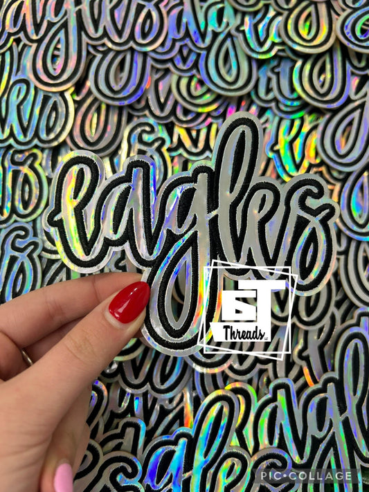 Silver metallic cursive eagle cap size iron on patch