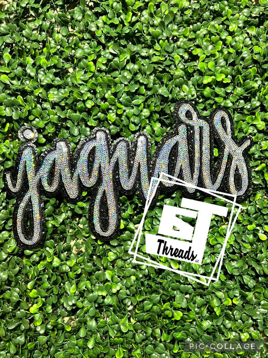 Silver Cursive Sequin Jaguars iron on patch