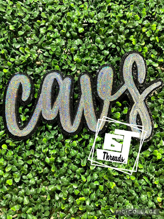 Silver Cursive Sequin Cavs iron on patch