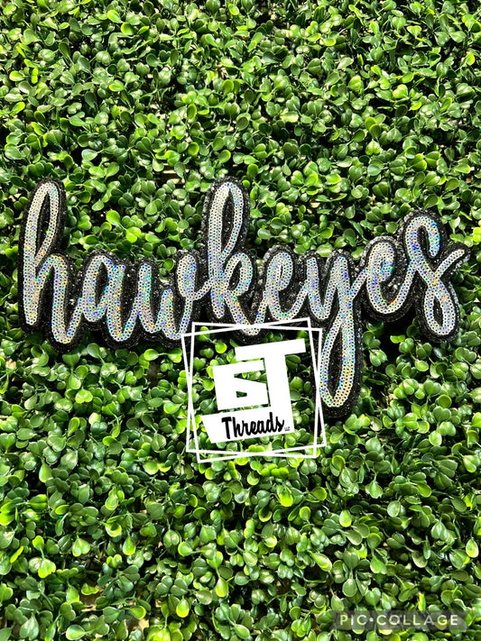 Silver Cursive Sequin Hawkeyes iron on patch
