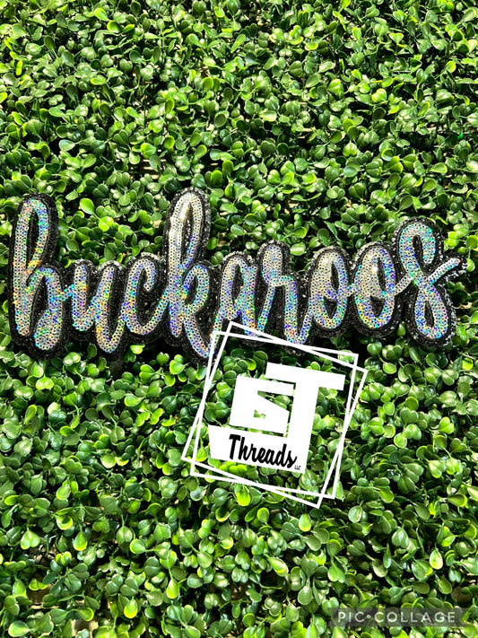 Silver Cursive Sequin Buckaroos iron on patch