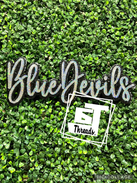 Silver Cursive Sequin Blue Devils iron on patch