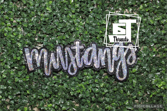 silver cursive sequin mustangs iron on patch