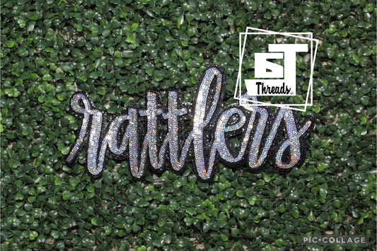 silver cursive sequin rattlers iron on patch
