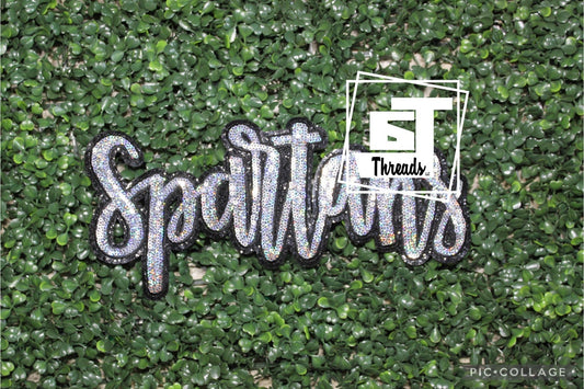 silver cursive sequin spartans iron on patch