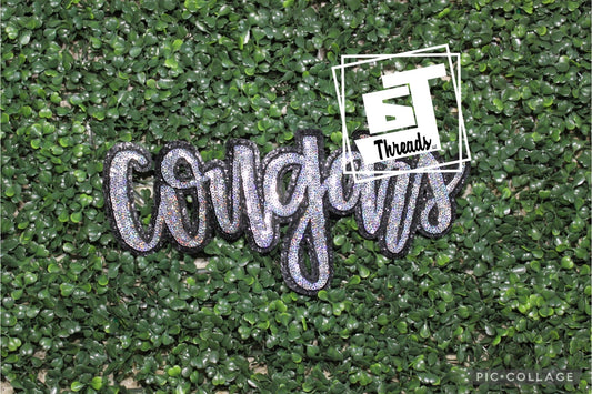 Silver cursive sequin cougars iron on patch